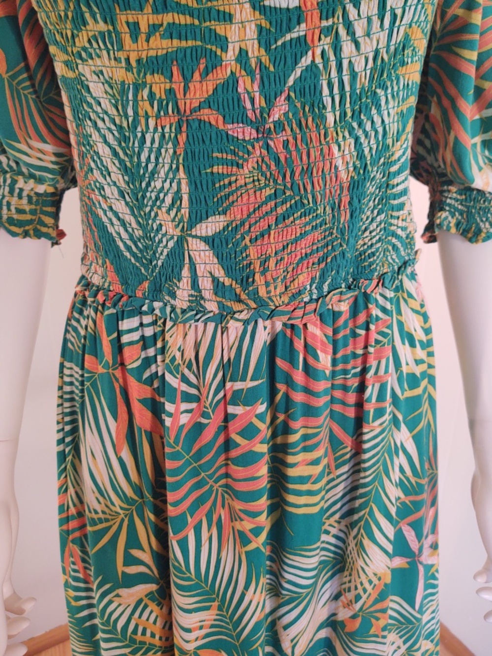 NWOT Betsey Johnson Maxi Tropical Green White Orange Dress Full Skirt Smock Top - Picture 3 of 12